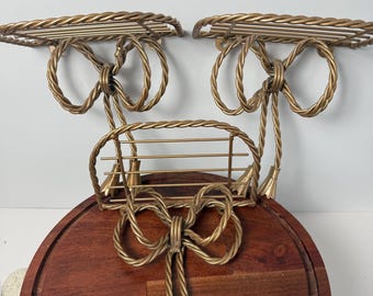 3 Vintage Gold Twisted Wire Bow with Tassel Hollywood Regency Romantic Shelves