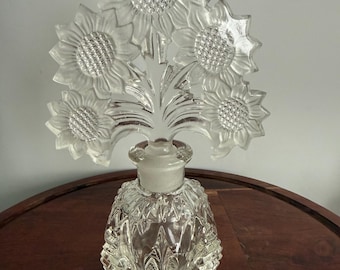 Vintage Irice Imperial Sunflower Stopper Pressed Glass Perfume Bottle Collectible Boudoir Vanity Decor