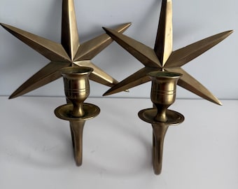 Vintage Set of 2 Brass Star Wall Sconces Atomic Candle Holder MCM Celestial