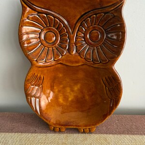May include: A glossy, amber-brown ceramic dish shaped like an owl. The piece features molded details including large, circular eyes with radiating lines, defined wings on the sides, and small feet at the base, creating a concave center.