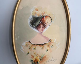 Retrato de dama victoriana, impresión en acuarela, bufanda grande, estilo Gibson Girl, marco ovalado dorado, firmado.