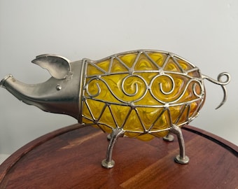 Cerdo de jaula de metal y vidrio burbuja amarillo ámbar soplado a mano, estilo vintage