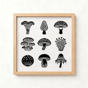 Modern Minimalist Mushroom Cross Stitch Pattern Black White Botanical Fungi Grid