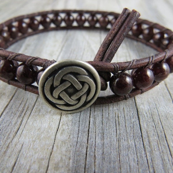 Garnet Chakra bracelet, root chakra, leather beaded bracelet, wrap bracelet, garnet bracelet, beaded leather bracelet