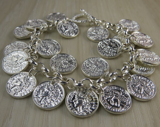 Silver Coin Charm Bracelet Etsy