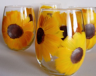 Hand Painted Stemless Wine Glasses - Hand Painted Wine Glass - Sunflower Stemless Wine Glasses