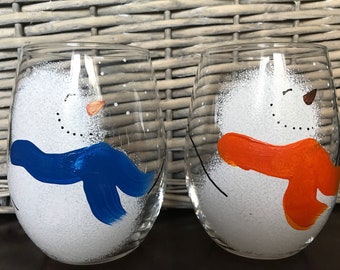 Snowman Wine Glass Set of 2 - Stemless Wine Glasses - Hand Painted Wine Glasses