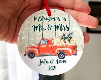 Our First Christmas  2021 Ornament, Mr. and Mrs. Ceramic Ornament, Just Married Gift, Christmas Truck