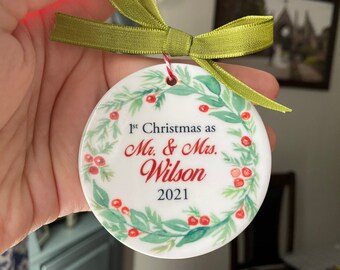 Our First Christmas  2021 Ornament, Mr. and Mrs. Ceramic Ornament, Just Married Gift