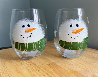 4 Christmas Snowman Custom Hand Painted Stemmed Wine Glasses  Personalized for free