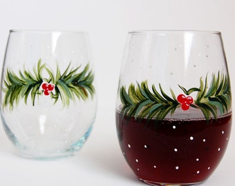 Hand Painted Christmas Holly Wine glasses- Holiday wine glasses - Holiday Gift