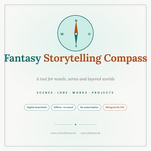 May include: A teal and orange compass graphic with the text "Fantasy Storytelling Compass". The image also includes the text "A tool for novels, series and layered worlds". Additional text includes "SCENES. LORE. WORKS. PROJECTS".