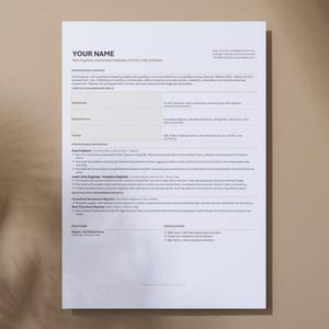 May include: A white resume with the words "YOUR NAME" at the top. The resume includes sections for professional summary, engineering, data platforms, testing, and experience. The resume is on a light brown surface.