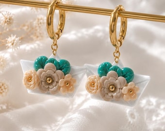 Pendientes de barco hechos a mano con arcilla polimérica / Joyería floral de estilo rústico costero