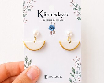 Orecchini in argilla polimerica Golden Horizon / Orecchini a perno con perle / Orecchini minimalisti fatti a mano in oro e avorio / Regalo di gioielli costieri leggeri