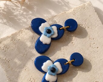 Pendientes de arcilla polimérica con forma de ojo turco azul / Joyería colgante griega Mati hecha a mano