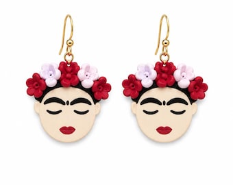 Pendientes inspirados en Frida Kahlo: joyería llamativa hecha a mano en arcilla polimérica, pendientes colgantes artísticos.