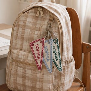 Personalized Backpack Name Tag, Custom Embroidered Pennant Keychain, Kids Bag Charm for School Daycare Gift