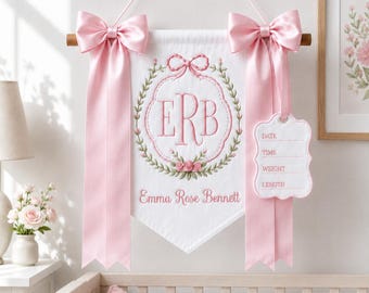 Gepersonaliseerde geborduurde babynaambanner, aangepaste bloemenkwekerij muurdecoratie, ziekenhuisdeurbord, wiegbanner, cadeau pasgeboren baby