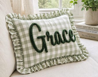 Custom Monogram Pillow Cover, Personalized Embroidered Initial Cushion, Scalloped Plaid Nursery Pillow, Baby Girl Room Decor Gift