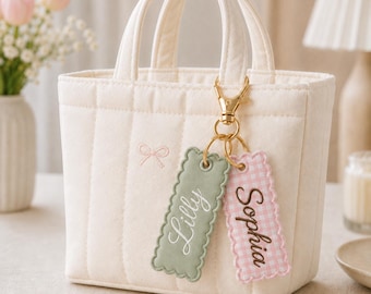 Custom Embroidered Gingham Bag Charm, Personalized Name Keychain, Preppy Backpack Tag, Cute Tote Charm Gift