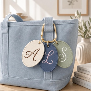 Personalized Monogram Keychain, Embroidered Initial Bag Charm, Custom Letter Keyring, Elegant Tote Bag Accessory Gift