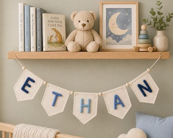 Benutzerdefinierte Baby Name Girlande, Garn Brief Leinwand Banner, personalisierte Kinderzimmer Wanddekoration, Neutral Kinderzimmer Wimpelkette Geschenk