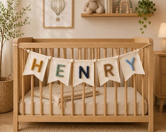 Personalisierte Baby Name Banner, benutzerdefinierte Garn Buchstaben Wimpelkette, Kinderzimmer Wanddekoration, Stoffgirlande für Baby Zimmer, Neugeborenen Geschenk