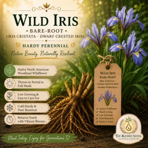 May include: A bare-root Wild Iris (Iris Cristata - Dwarf Crested Iris) plant with purple flowers and green leaves. A brown paper tag is attached, featuring text and a flower illustration. Additional text on the image details plant care.