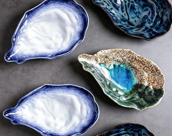 Oyster Shell Shaped Ceramic Plates, Handcrafted Serving Dishes