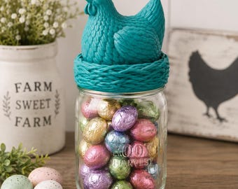 Farmhouse Hen Canning Jar Lid Topper™ | Topper voor kippenpotten | Deksel decoratieve inblikkenpot | Boerderij keukendecoratie | Brede en normale mond