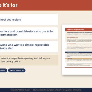 May include: An informational graphic titled Who it's for, listing school counselors, teachers, and administrators as target users. It features a document preview for a Student Anonymization Tool for AI-Assisted Documentation, with buttons for Google Sheets and Excel.