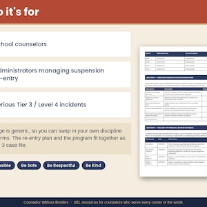 May include: An educational document titled Who it's for, listing school counselors, administrators, and incident levels. It includes a behavior modification intervention table, a follow-up schedule, and four blue buttons labeled Be Responsible, Be Safe, Be Respectful, and Be Kind.