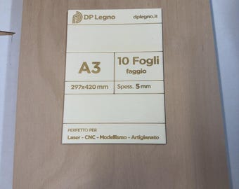 Set of 10 sheets of high quality beech plywood - A3 size (420 x 297 mm) Thickness 5 mm - Ideal for laser cutting, CNC model making and crafts.