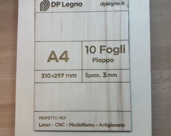 Set of 10 high quality Poplar plywood sheets - A4 size (210 x 297 mm) Thickness 3 mm - Ideal for CNC Laser Cutting, Model Making and Crafts.