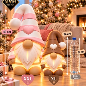 May include: Two gnome figurines with illuminated bodies and beards. The larger XXL gnome is 49 cm tall with a pink and white striped hat and heart. The smaller XL gnome is 34 cm tall with a brown hat and heart, next to a 32 cm tall 1-liter bottle.