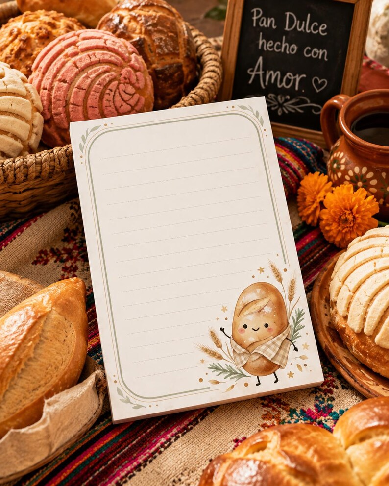 May include: A rectangular notepad with horizontal lines and a decorative border featuring a small, illustrated cartoon bread character wearing a checkered apron, surrounded by wheat stalks and greenery on a white background.