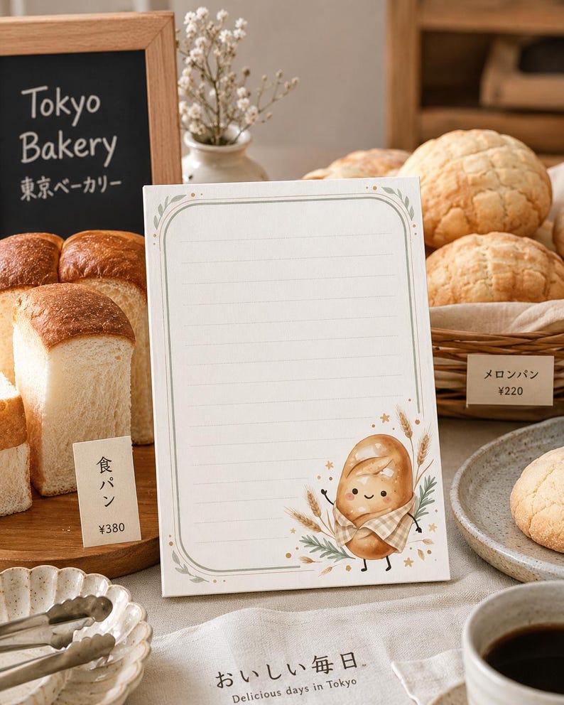 May include: A rectangular notepad with horizontal lines and a decorative border. The bottom right corner features a cartoon illustration of a smiling bread loaf wearing a checkered scarf, surrounded by wheat stalks and small star accents.