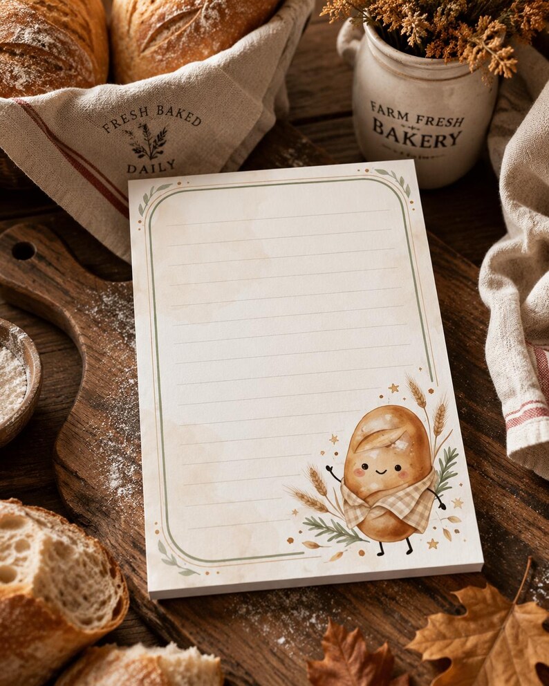 May include: A rectangular notepad with horizontal lines and a rounded border in muted green. The bottom right corner features a cartoon illustration of a smiling loaf of bread wearing a checkered scarf, surrounded by wheat stalks and small stars.
