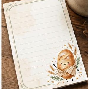May include: A rectangular notepad with cream-colored paper featuring horizontal lines and a sage green border. The bottom right corner displays a watercolor illustration of a smiling loaf of bread wearing a checkered scarf, surrounded by wheat stalks.