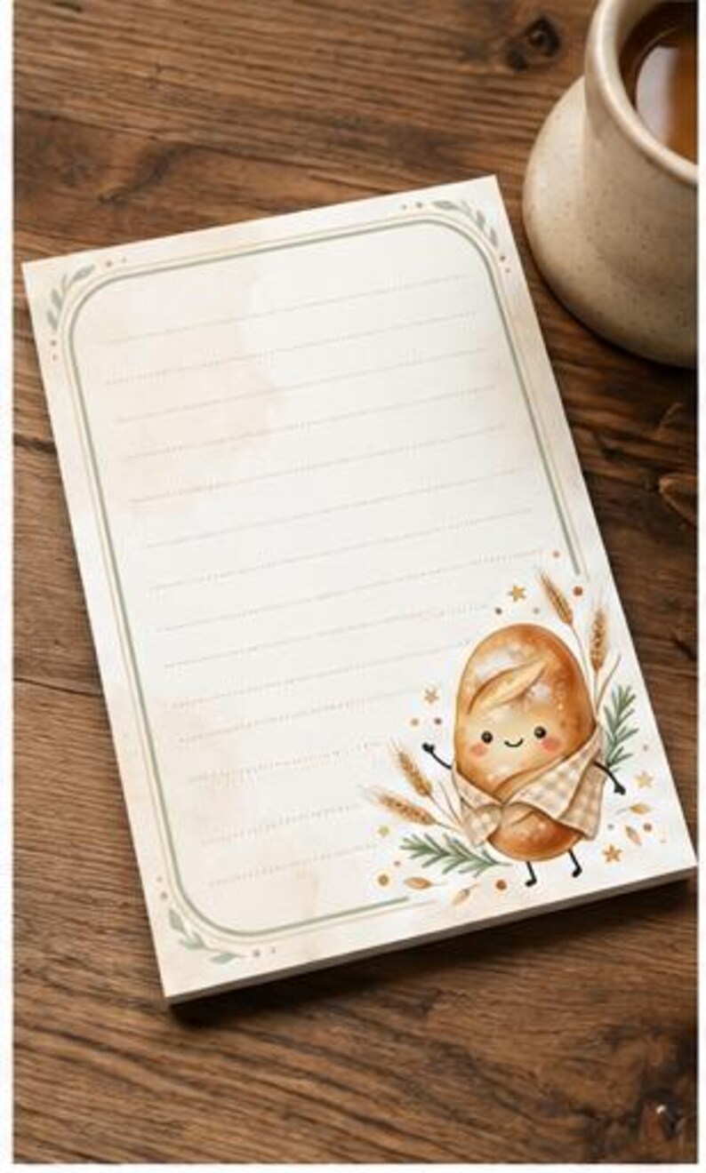 May include: A rectangular notepad with cream-colored paper featuring horizontal lines and a sage green border. The bottom right corner displays a watercolor illustration of a smiling loaf of bread wearing a checkered scarf, surrounded by wheat stalks.