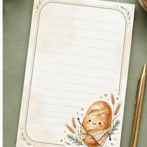May include: A rectangular notepad with horizontal lines and a rounded border. The bottom right corner features a cartoon illustration of a smiling loaf of bread wrapped in a checkered cloth, surrounded by wheat stalks and small golden stars.