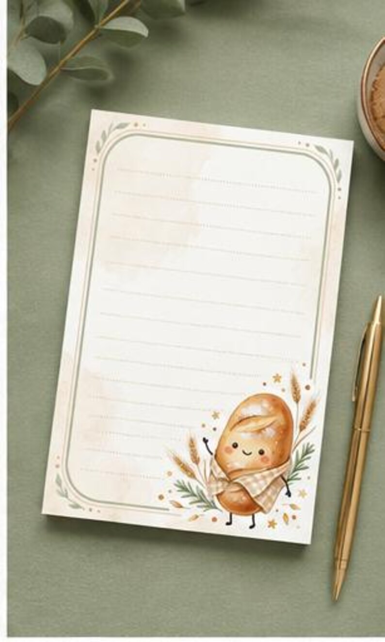 May include: A rectangular notepad with horizontal lines and a rounded border. The bottom right corner features a cartoon illustration of a smiling loaf of bread wrapped in a checkered cloth, surrounded by wheat stalks and small golden stars.