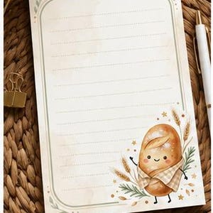 May include: A rectangular sheet of lined stationery paper featuring a soft cream background with a sage green border. The bottom right corner displays a cute, anthropomorphic bread loaf illustration with wheat stalks and small star accents.