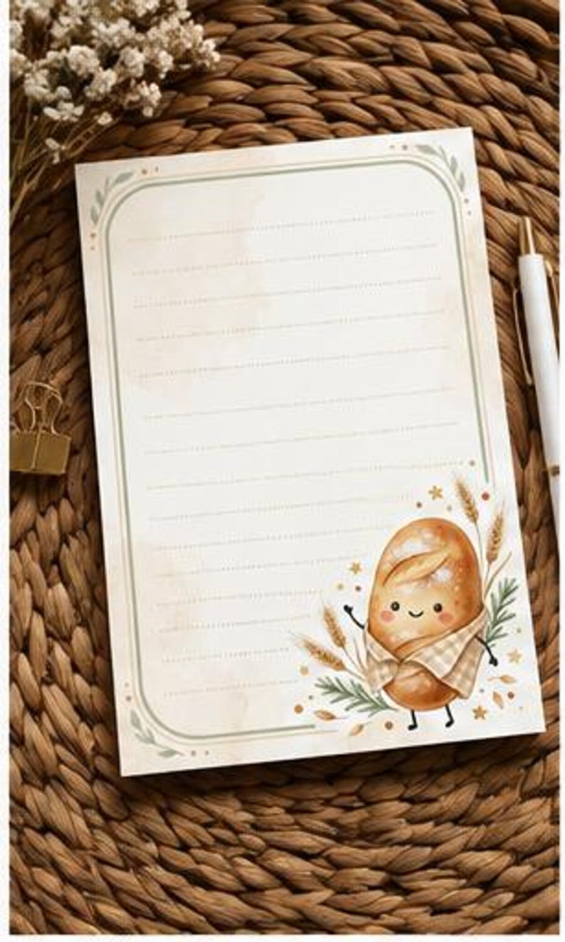 May include: A rectangular sheet of lined stationery paper featuring a soft cream background with a sage green border. The bottom right corner displays a cute, anthropomorphic bread loaf illustration with wheat stalks and small star accents.