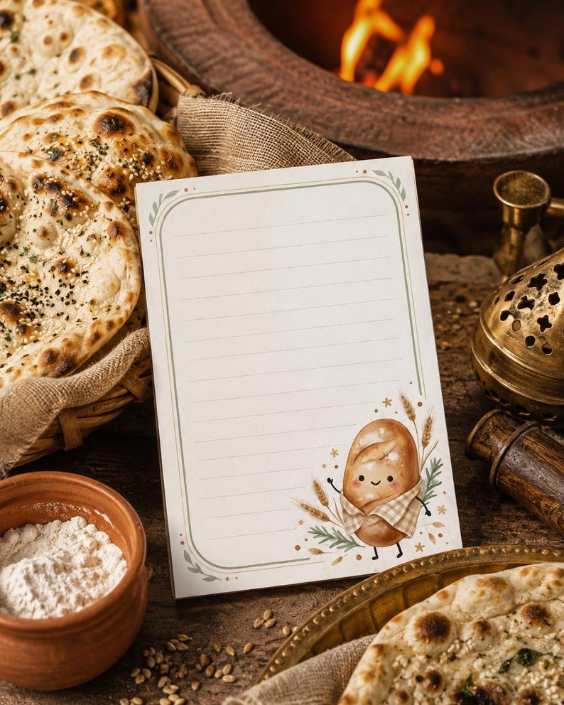 May include: A rectangular notepad with horizontal lines and a decorative border. The bottom right corner features a cartoon illustration of a smiling loaf of bread wearing a checkered apron, surrounded by wheat stalks and small green leaves.