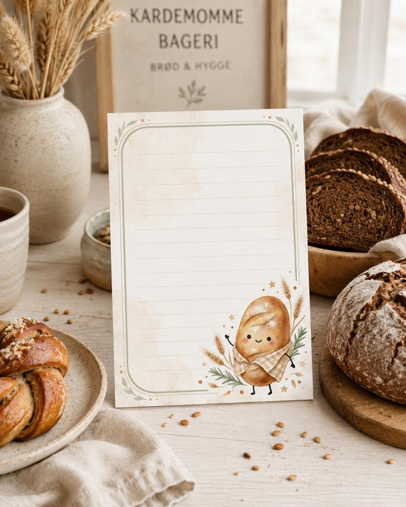 May include: A rectangular stationery sheet with horizontal lines, featuring a rounded green border and a watercolor illustration of a smiling anthropomorphic loaf of bread wearing a checkered scarf, surrounded by wheat stalks and small green leaves.