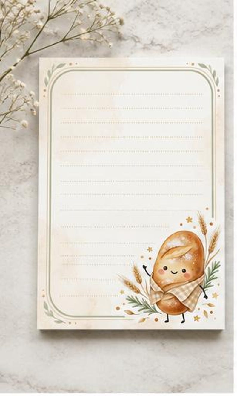 May include: A rectangular notepad with horizontal lines and a rounded border in muted green. The bottom right corner features a cartoon illustration of a smiling loaf of bread wearing a checkered cloth, surrounded by wheat stalks and small stars.