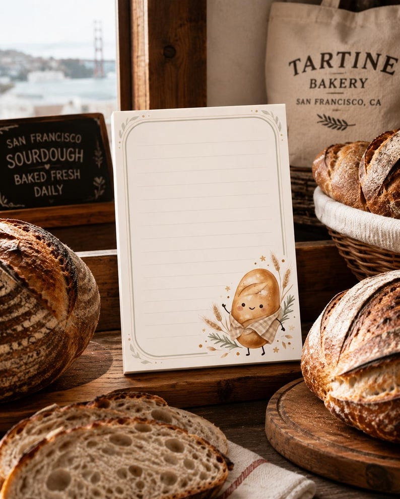 May include: A rectangular notepad with horizontal lines and a decorative border. The bottom right corner features a cartoon illustration of a smiling bread loaf wearing a checkered apron, surrounded by small wheat stalks and star accents.