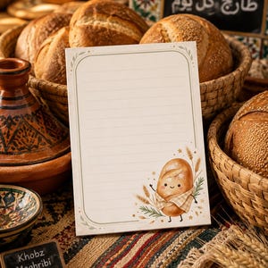 May include: A rectangular notepad with horizontal lines and a light green border. The bottom right corner features a cartoon illustration of a smiling bread loaf wearing a checkered apron, surrounded by wheat stalks and small golden stars.